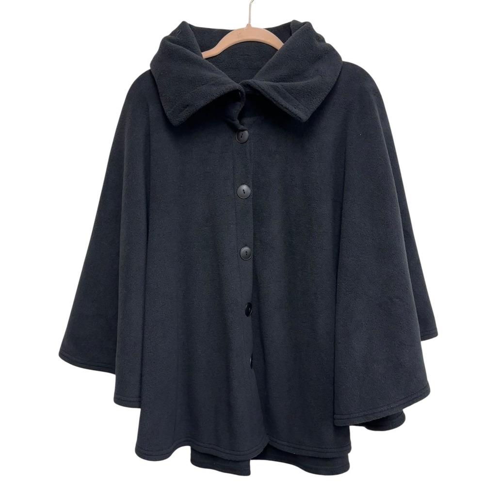 Cover Me Black Fleece Cape Poncho One Size Button Front Soft Cozy Wrap Jacket
